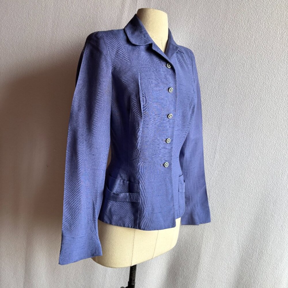 1960s Periwinkle Linen Nipped Waist Suit Jacket Blazer